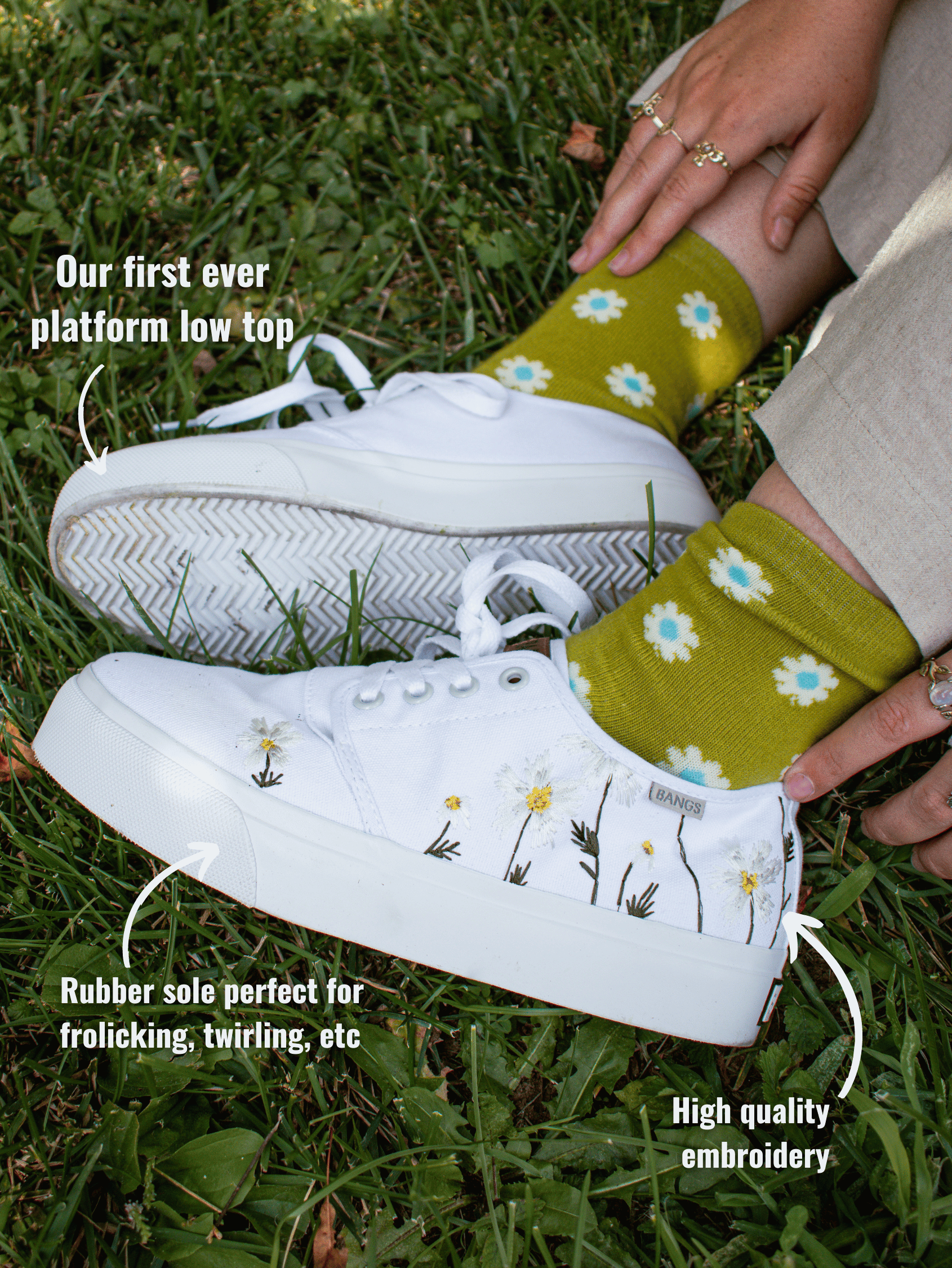 Daisy Dreams Platform Low Top Sneakers | Vegan Footwear | | Embroidered Canvas Mens 3.5 | Womens 5