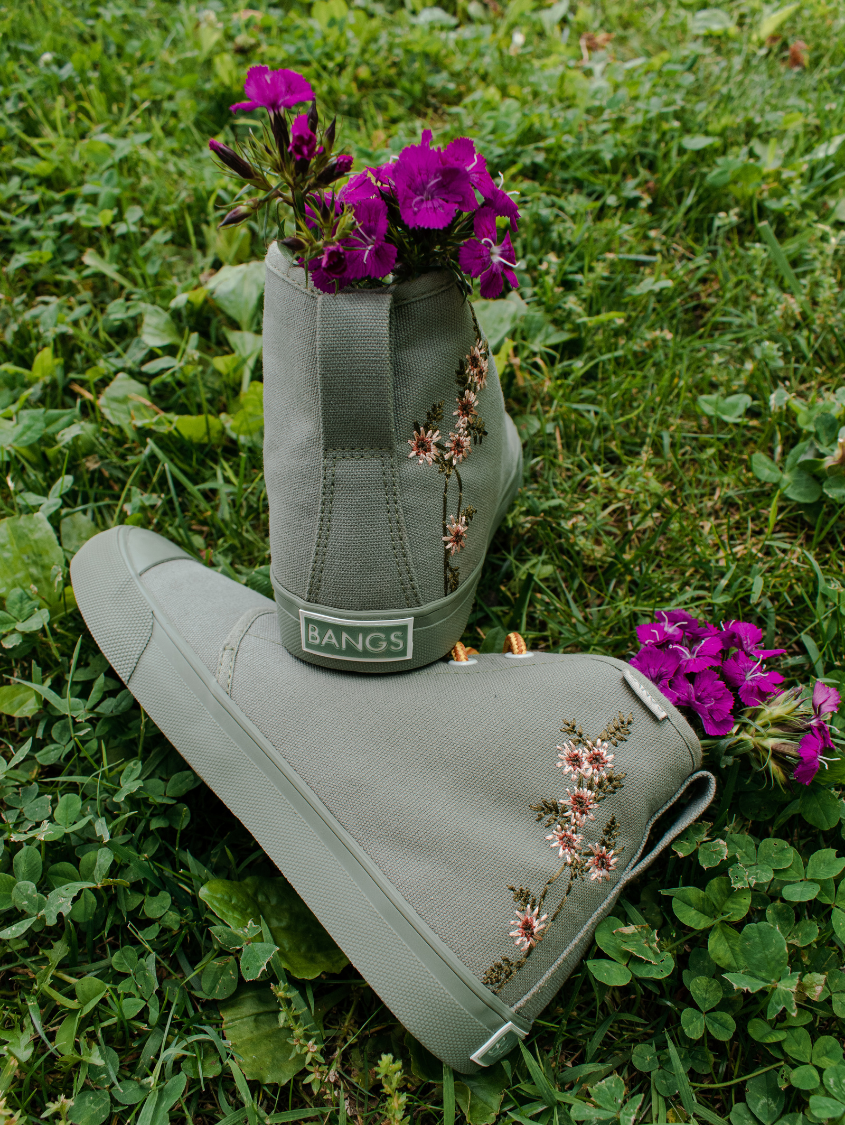 Sage Floral High Top Sneakers | BANGS Shoes | Embroidered Canvas